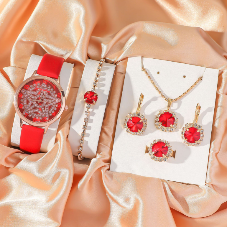 MD-S01380 5pcs/set Fashion square diamond-encrusted dial hollow steel strap watc