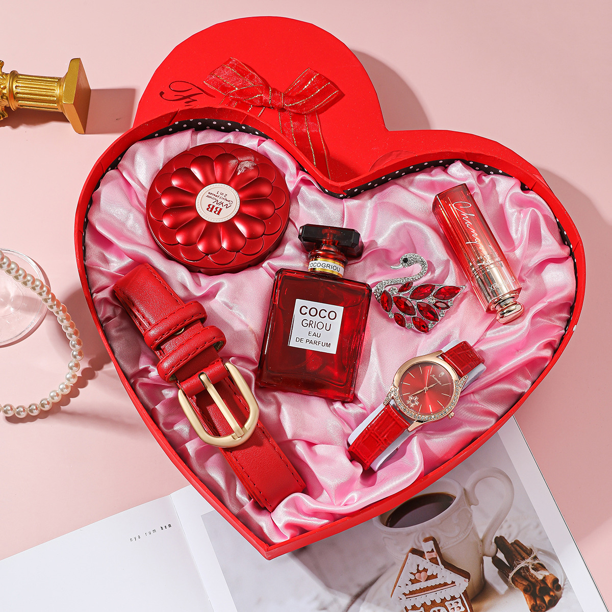 MD-A08314 6pcs/set Red festive women’s watch + air cushion + lipstick + belt + p