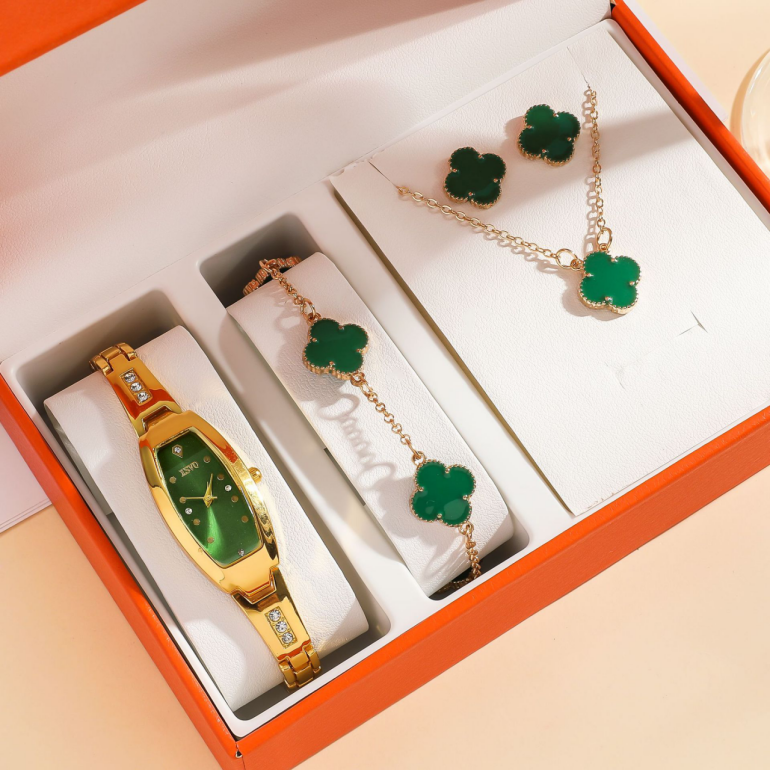 MD-S02004 5pcs/set new fresh emerald diamond dial strap + green four-leaf clover