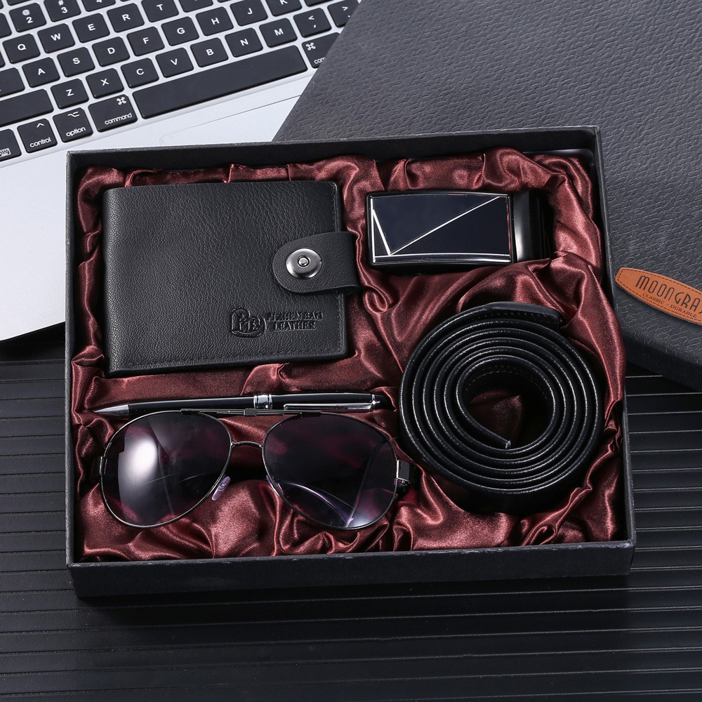 MD-A07377 Men’s fashion Trend Exquisite Gift set Purple lens glasses + belt + pe